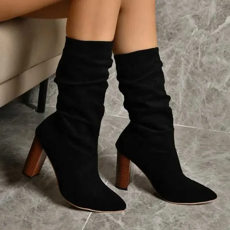 2023 New Winter Mid-Calf Fashionable Folding Thick Heel Pointed Toe Western Sexy Slip-On Womens Boots H240709