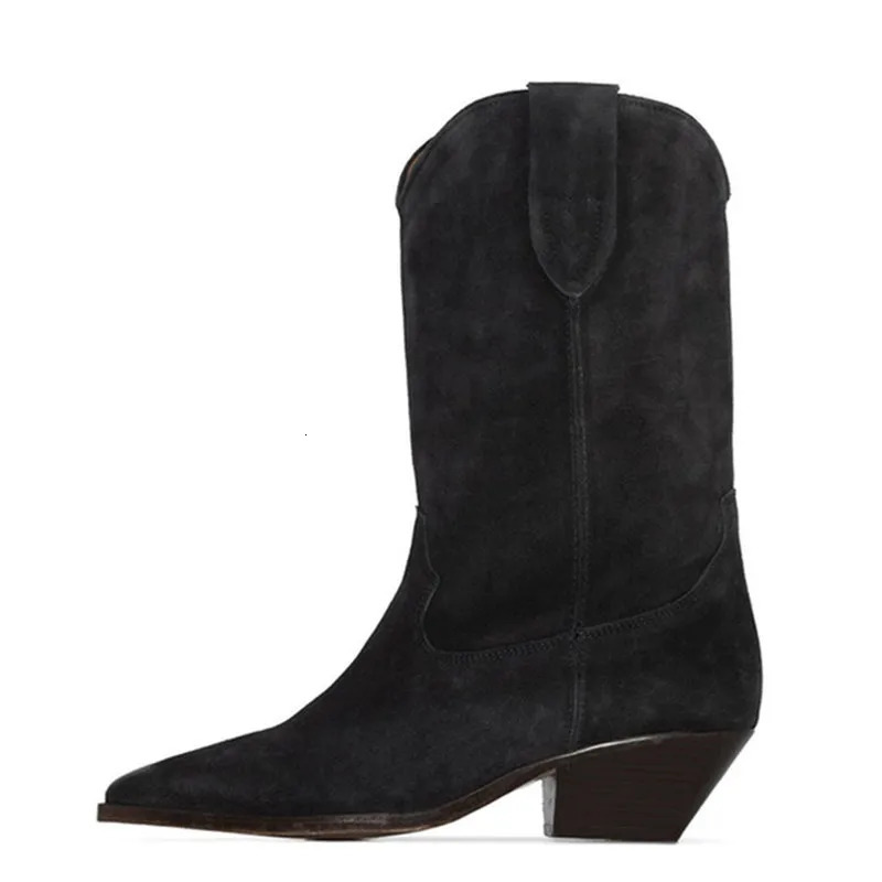 Nude Suede Embroidered Mid-Calf Shoes Thick Heel Pointed Toe Cowboy Boots for Women Knight Botas Femininas 241031