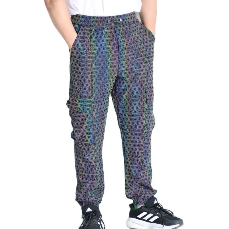 Color holographic reflective mens Trouser hip-hop knitted breathable waist cargo pants casual jogging sports pants 241007