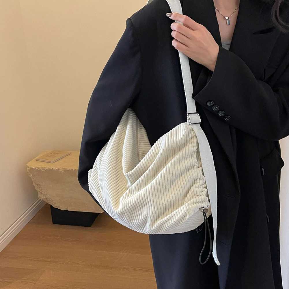 Drawstring Crescent Bag Corduroy Shoulder Adjustable Strap Men Ladies Tote with Zipper Hobo for Work Travel 241014