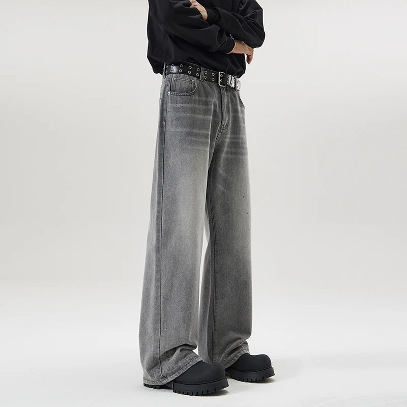 Gray Gradient Washed Sashes Flare Jeans Mens Streetwear Baggy Y2K Bellbottoms Harajuku Loose Casual Denim Trousers Male 241011
