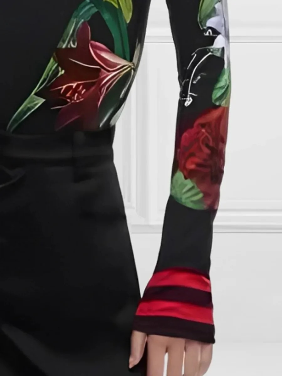 Bonboho Womens Long Sleeve T-shirt 2024 Autumn Fashion Tight Floral Printed Shirt High Collar Fashion Shirt 241014