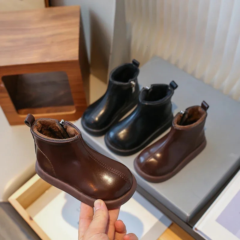 Girl Child Boots Winter Toddlers Black School Cotton Boots Fashion Round-toe Kids Causal Snow Boots Outdoor Versatile Zipper 241014