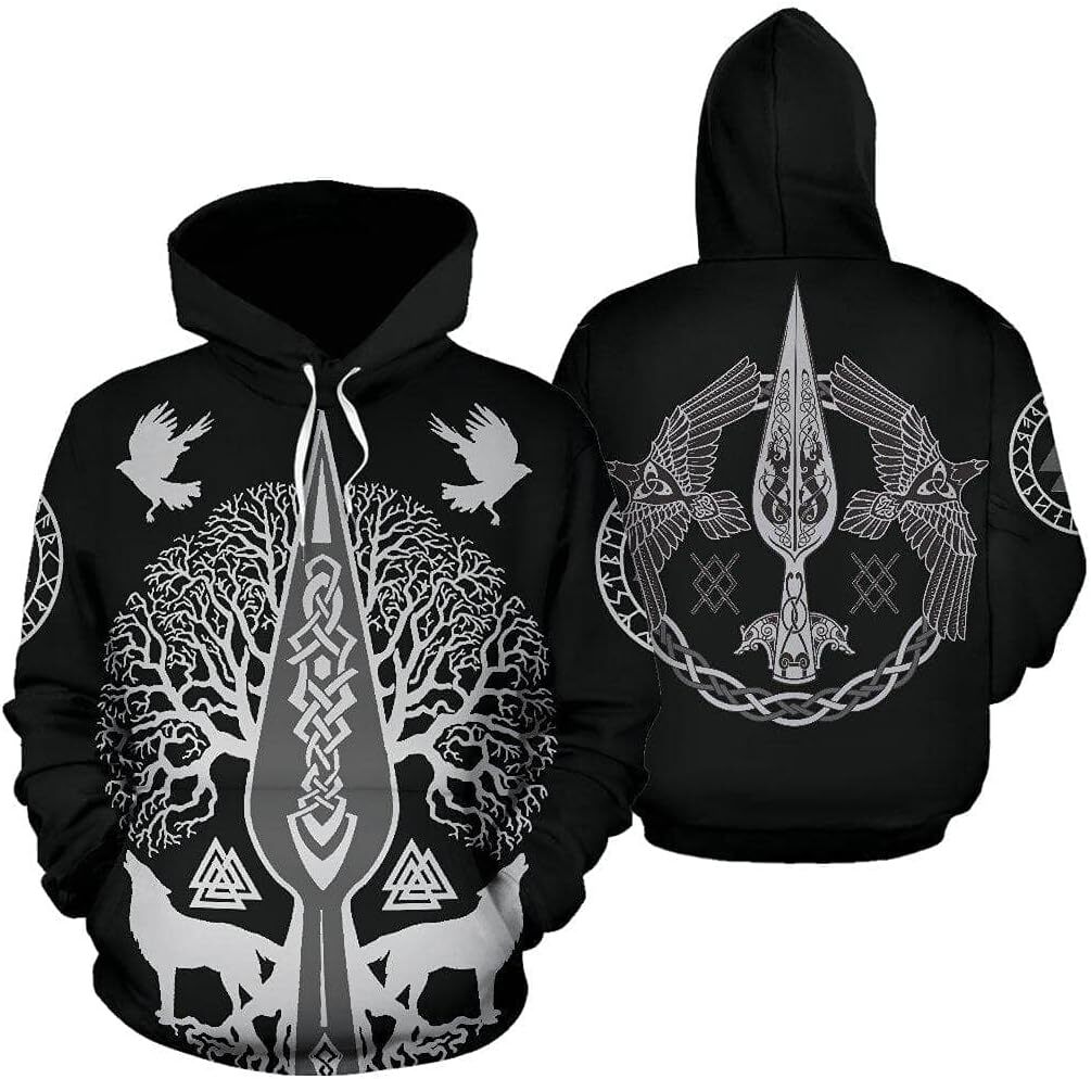Hoodie for Mens Womens Yggdrasil Tree of Life Viking Hoodies, 3D Print Crow Hooded Pullover, Fall Sweatshirt Jacket with Pocket Graphic Hoodies sweats