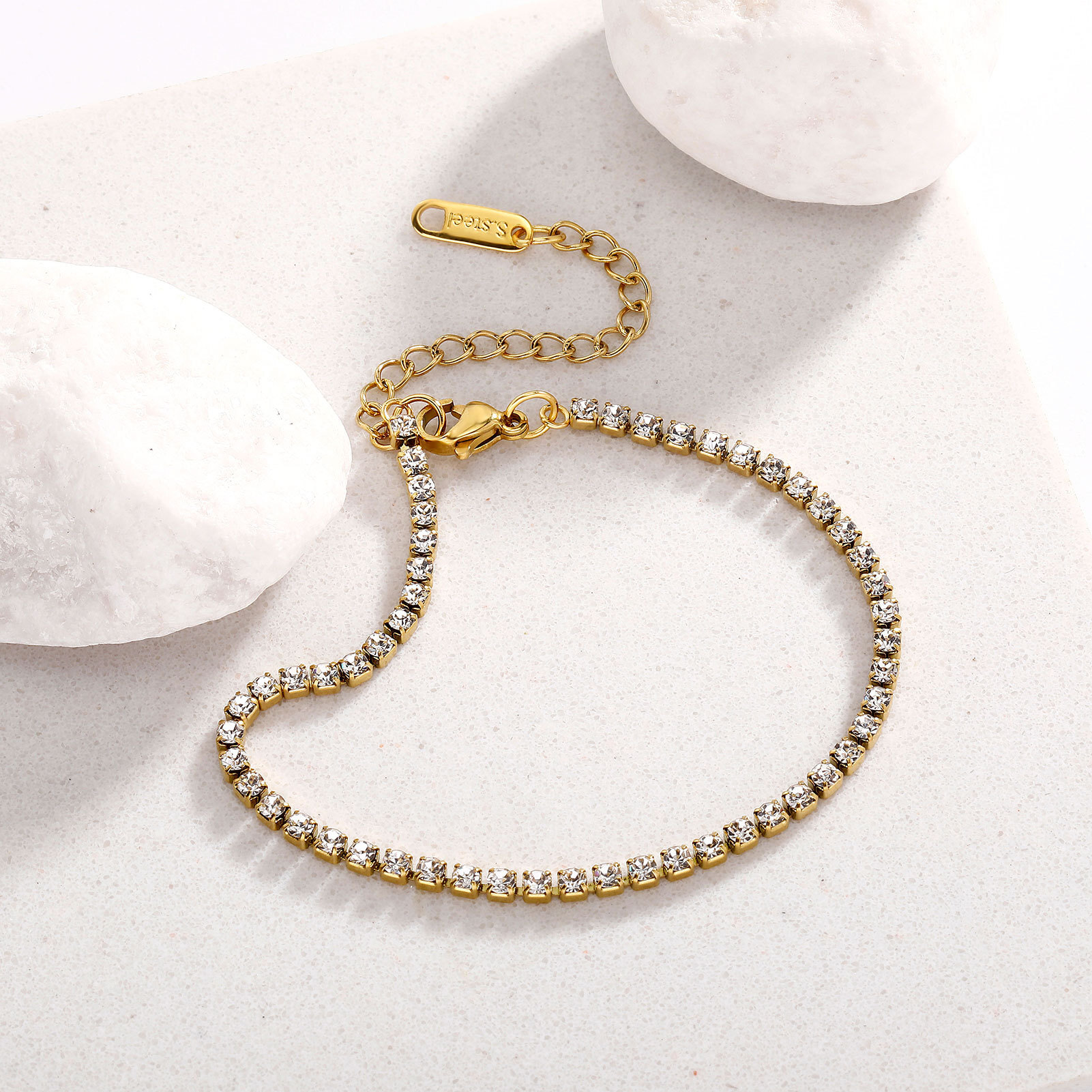 2MM Stainless Steel Prong Tennis Chain Bracelet 7 Inches 18k Gold Plated Hip Hop Sparkly Women Chains Bracelets Wrist Jewelry For Women Bijoux Gifts