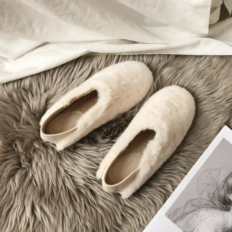 2025 new Mule Slippers Women Winter Home Shoes Slip on Furry Loafers with Butterfly Knot Fur Slides Female Lush Fluffy Moccasins 241014