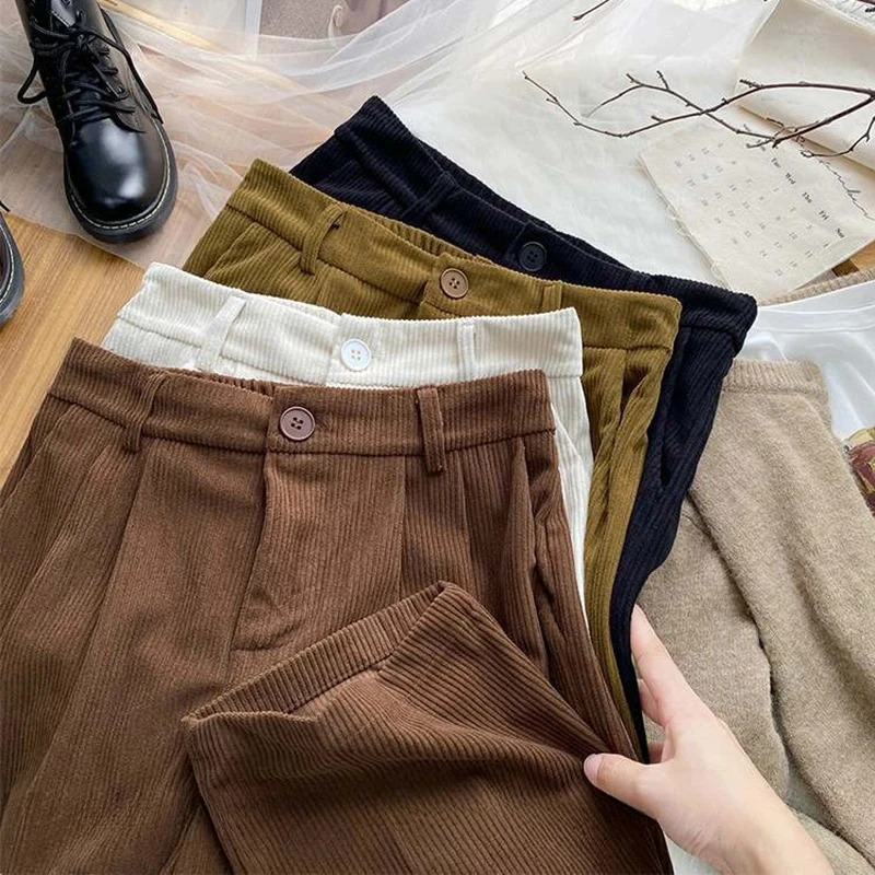 Vintage Corduroy Women Pants High Waist Coffee Wide Leg Fall Casual Korean Office Ladies Trousers 241009