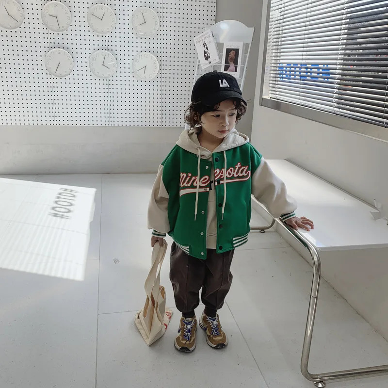 1509E Childrens Clothes Letter Jackets Spring Embroidered Stitching Boy Baseball Coat Baby Girl Single-breasted Coat 241011