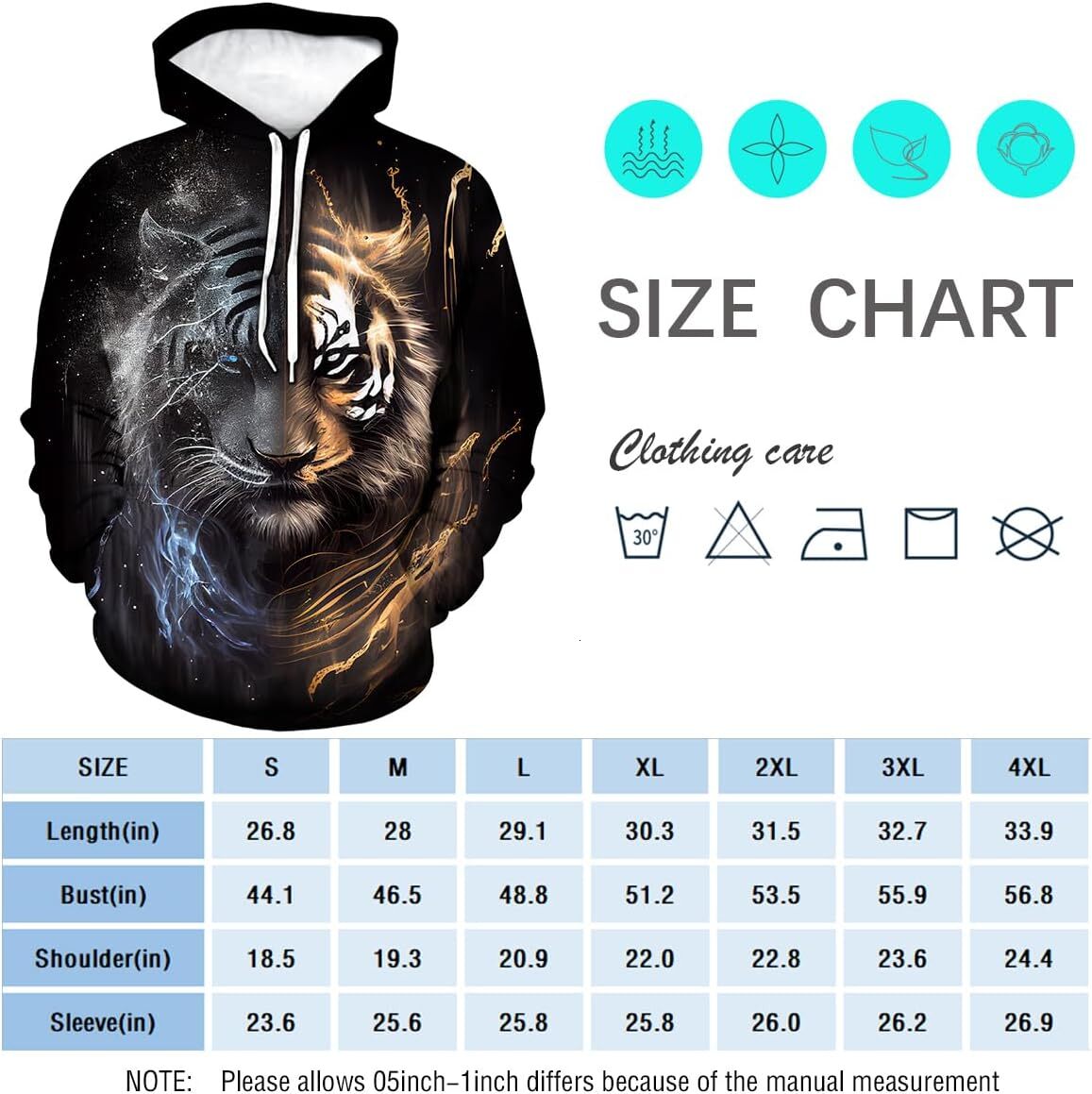 Hoodie for Mens Womens Mens Tiger Hoodie - Animal Theme, Realistic Graphic Sweatshirt Graphic Hoodies sweatshirt Pullover Long Sleeve