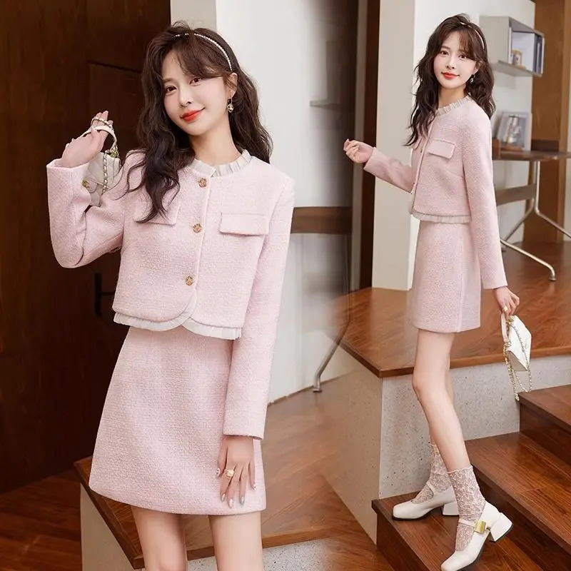 Womens perfume short thick tweed jacket skirt suit antique sweet wood ear splicing suit two-piece set 241014
