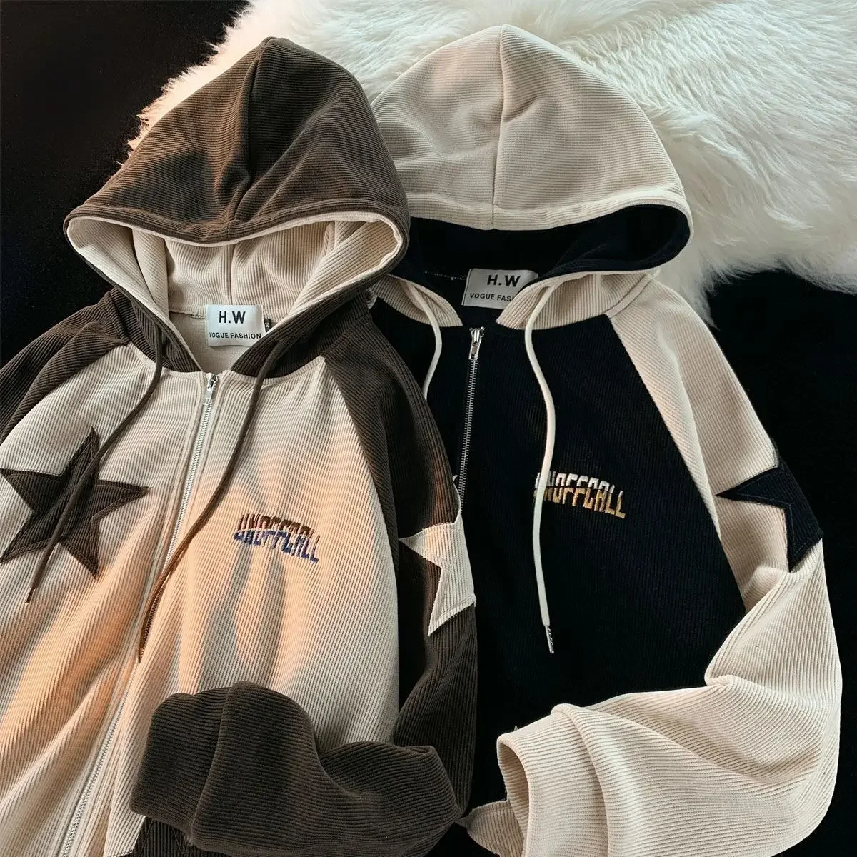 American Retro Star Patch s Zipper Hoodie Women 2024 Street Joker Sweatshirt Unisex Stitching Loose Casual Top 241008