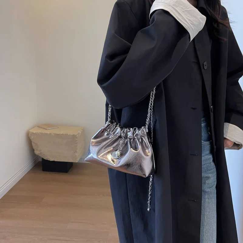 LEFTSIDE Womens Small Silver Cross Bag Korean Fashion Designer Womens Bucket Bag Womens Chain Drawstring Handbag M241014