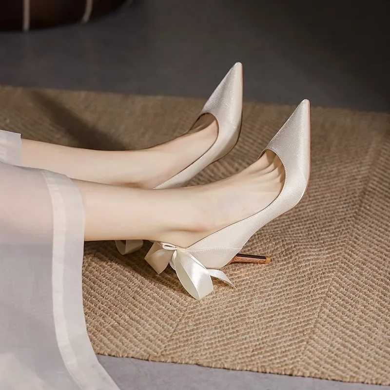 Elegant Ladies White Pearls Ankle Strap Pumps for Wedding Women Silk Back Bowtie High Stiletto Heeled Shoes Woman Spring 2023LX241014
