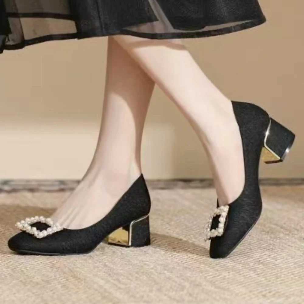 Fashion Women High Heels Black Mules Heels Women Chunky Rhinestone Elegant Shoes Party Wedding Woman Pumps Plus Size Women ShoesLX241014