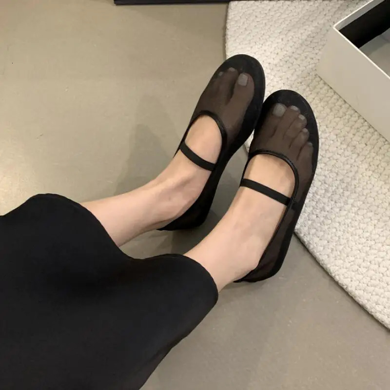 Fashion Mesh Mary Jane Flat Women Summer Shallow Elastic Band Footwear Ladies er Soft Sole Ballerina New Shoes 241014