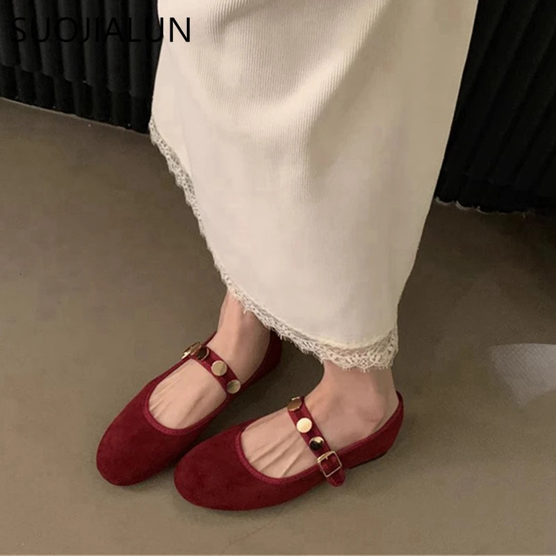 SUOJIALUN Autumn Women Round Toe Mary Jane Shoes Fashion Rivet Ladies Elegant Dress Flat Shoes Soft Flat Heel Ballerinas Sh 241014