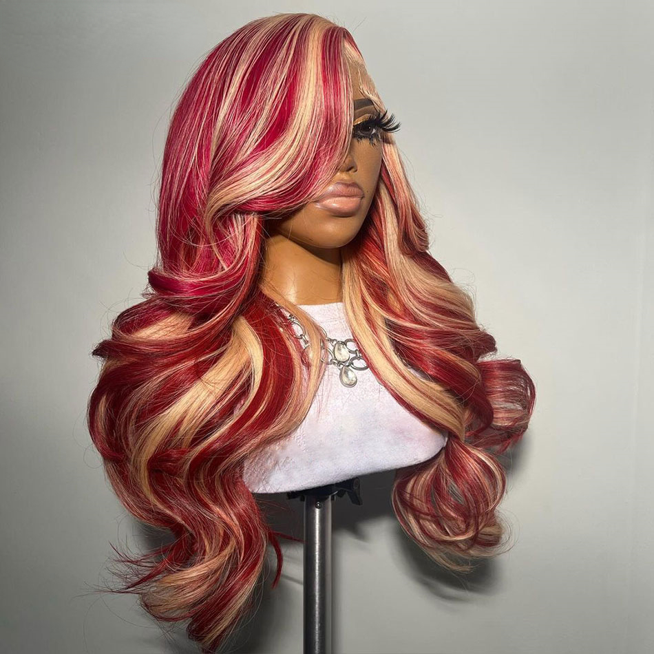 Free shipping Ready Go 13X4 Blonde Highlight Colored Body Wave Human Hair Wigs Red Pre Plucked ella Festival Brazilian Transparent Lace Frontal Wig Pr