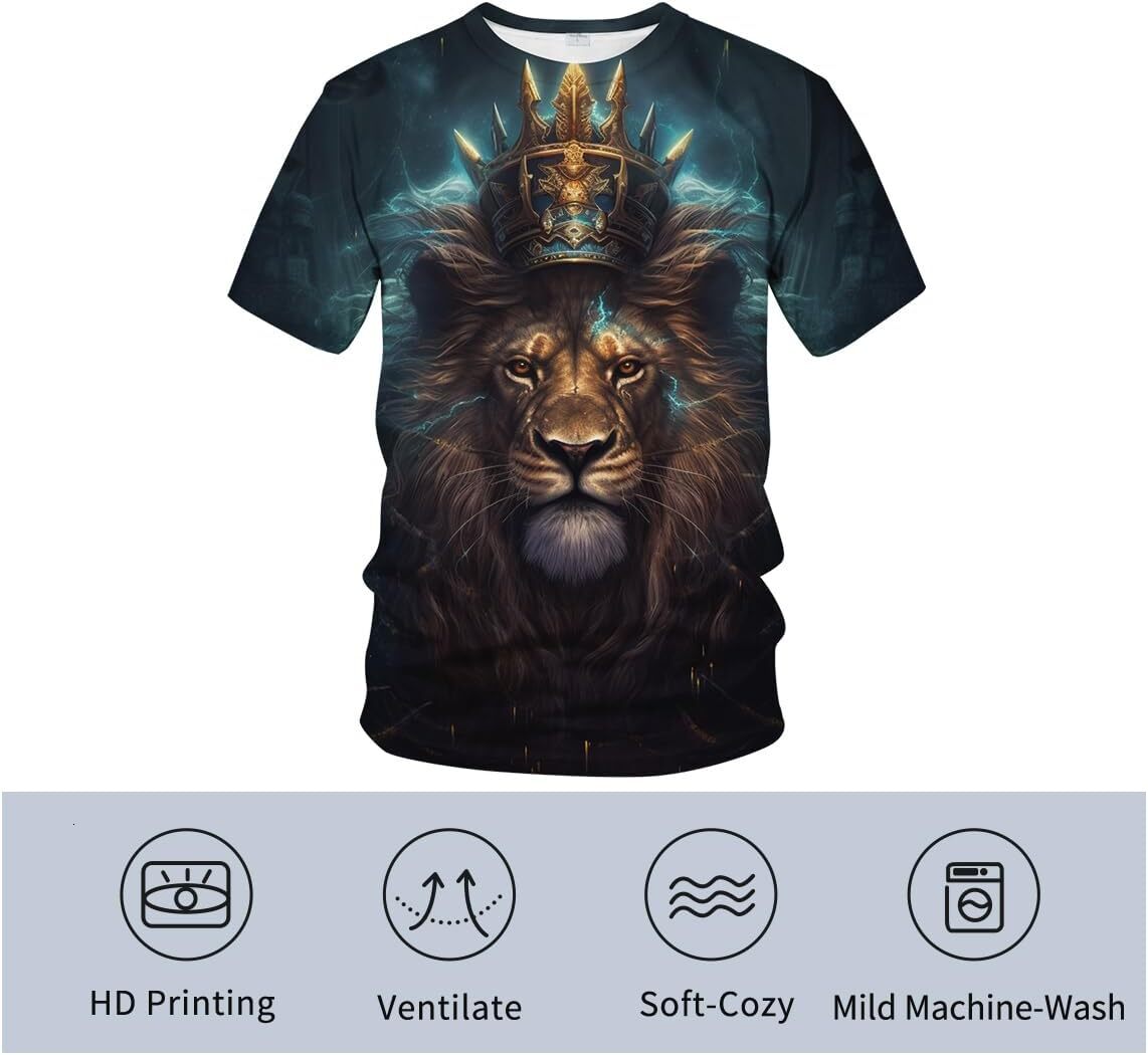 Mens T shirt Lion Head Golden Crown Art Lightning Lion King Short Sleeve graphic tee Casual tops summer clothes Short sleeve Trendy Fashion cool