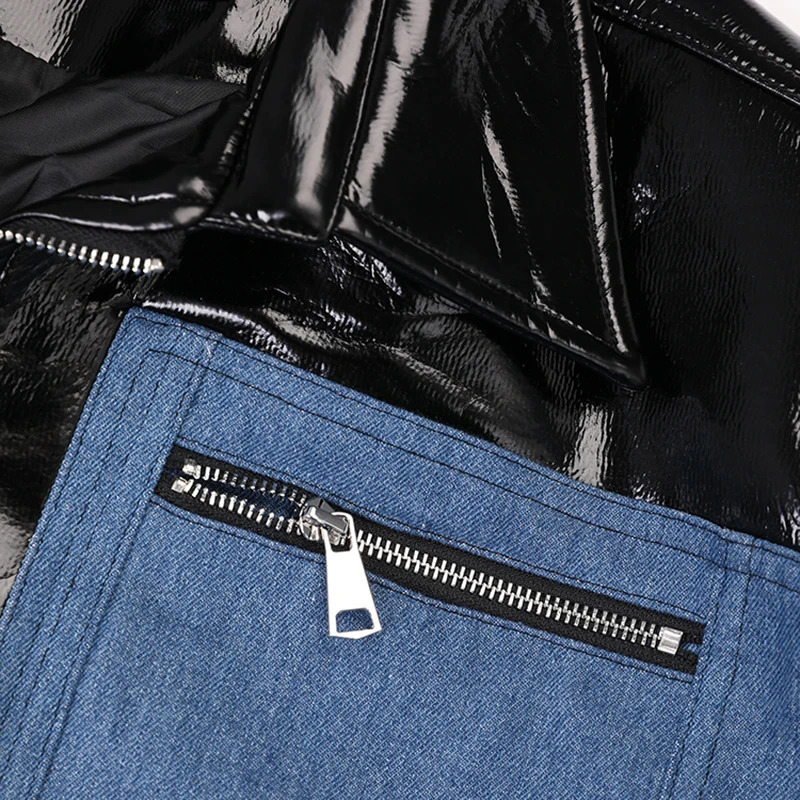 IEFB Denim Patchwork Leather Jackets Trend Mens Fashion Silhouette Short Windbreake Korean Style Casual Pu Coat CPG0512 241011