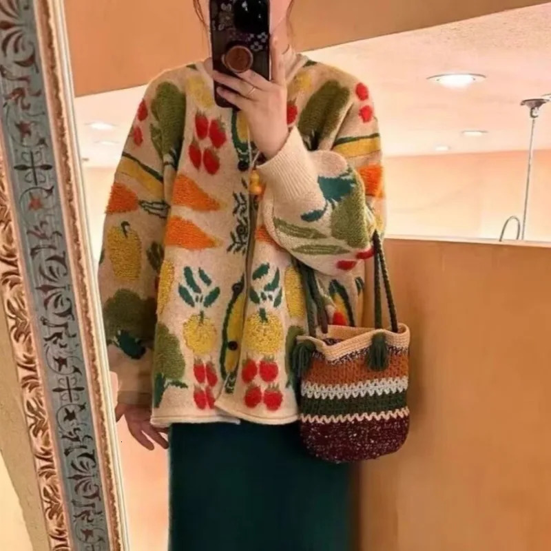 Japanese Cartoon Fruits Knitted Cardigan Women Basics ONeck Female Long Sleeved Loose Autumn Winter 241009