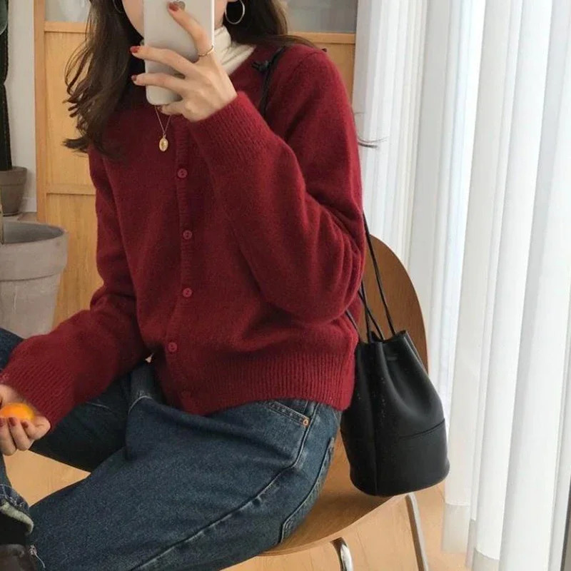 Fall Solid Color Knitted Cardigan Women Korean Single Breasted Long Sleeve Jumper Woman Round Neck All Match Sweater Outwear Top 241009