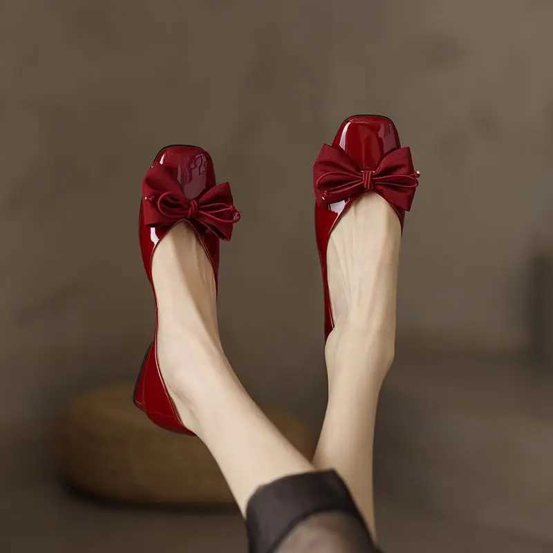 Black Kawaii Ladies Summer Footwear Square Toe Cute Low Heel Elegant with Bow Shoes for Women 2024 Red Y2k on Offer Chic PointLX241014