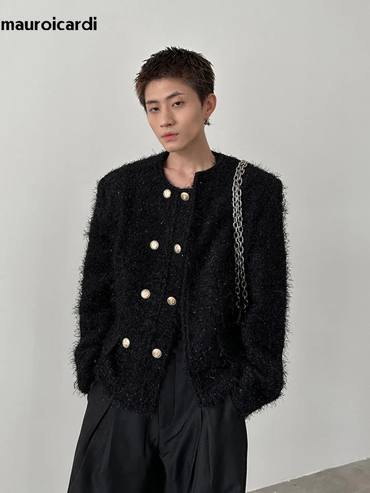 Mauroicardi Spring Autumn Elegant Chic Stylish Soft Woolen Jacket Men Shoulder Pads Double Breasted Clothes 2024 241011