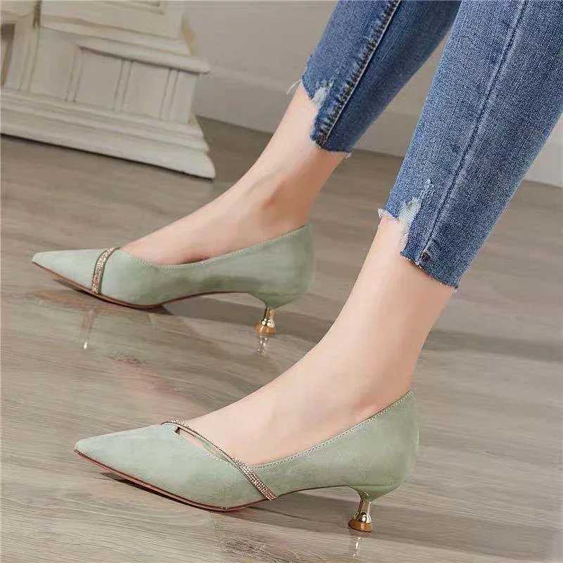 One Word Oblique Strap New Low-heeled Shoes Womens All-match Small Fresh Rhinestone Pointed Shoes Zapatos De Mujer PumpsLX241014