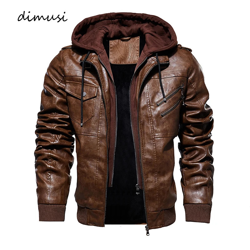DIMUSI Autumn Winter Mens Leather Jackets Casual Mens Motorcycle PU Jacket Biker Leather Windbreaker Hooded Coats Clothing 241007