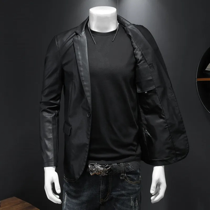 Mens Slim Fit Leather Jackets PU Casual Motorcycle Coats Turn Down Collar Black Moto Biker Leather Suede Outerwear Men 5XL 241007