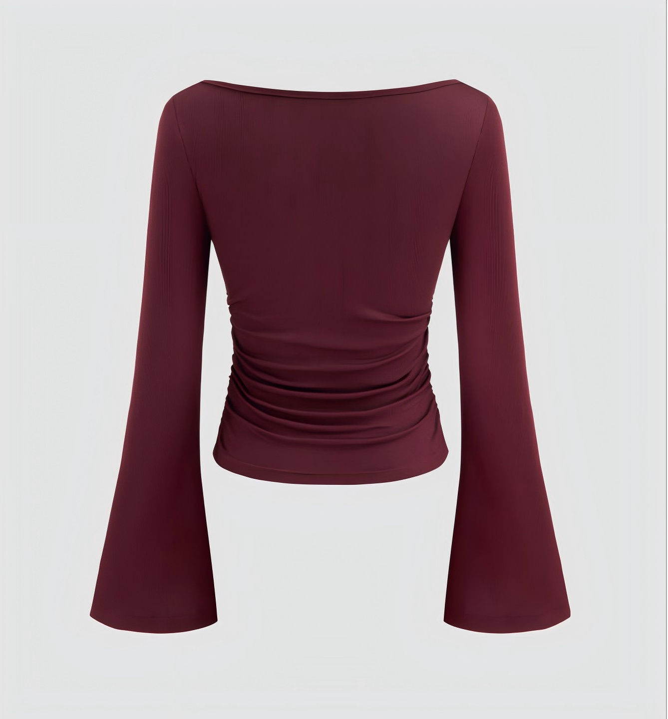 Boat Neck Solid Ruched Long Sleeve Tee