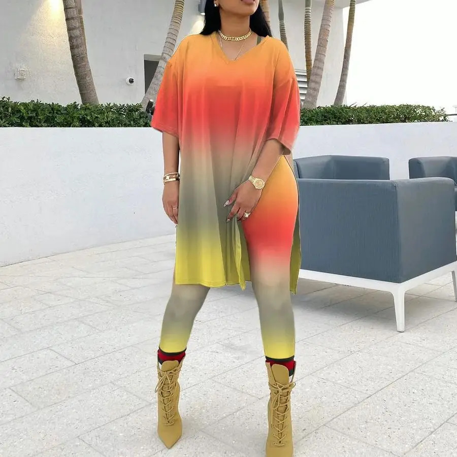 Plus size tie dye print set womens long shirt two-piece pants set casual sweater summer womens clothing 240930