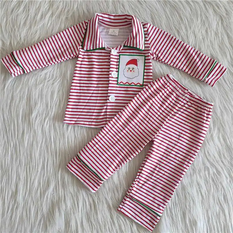 Wholesale Nightclothes Baby Boy Christmas Pajamas Clothes Santa Shirt Green Plaid Pants Set Infant Kids Boutique Children Outfit 241014