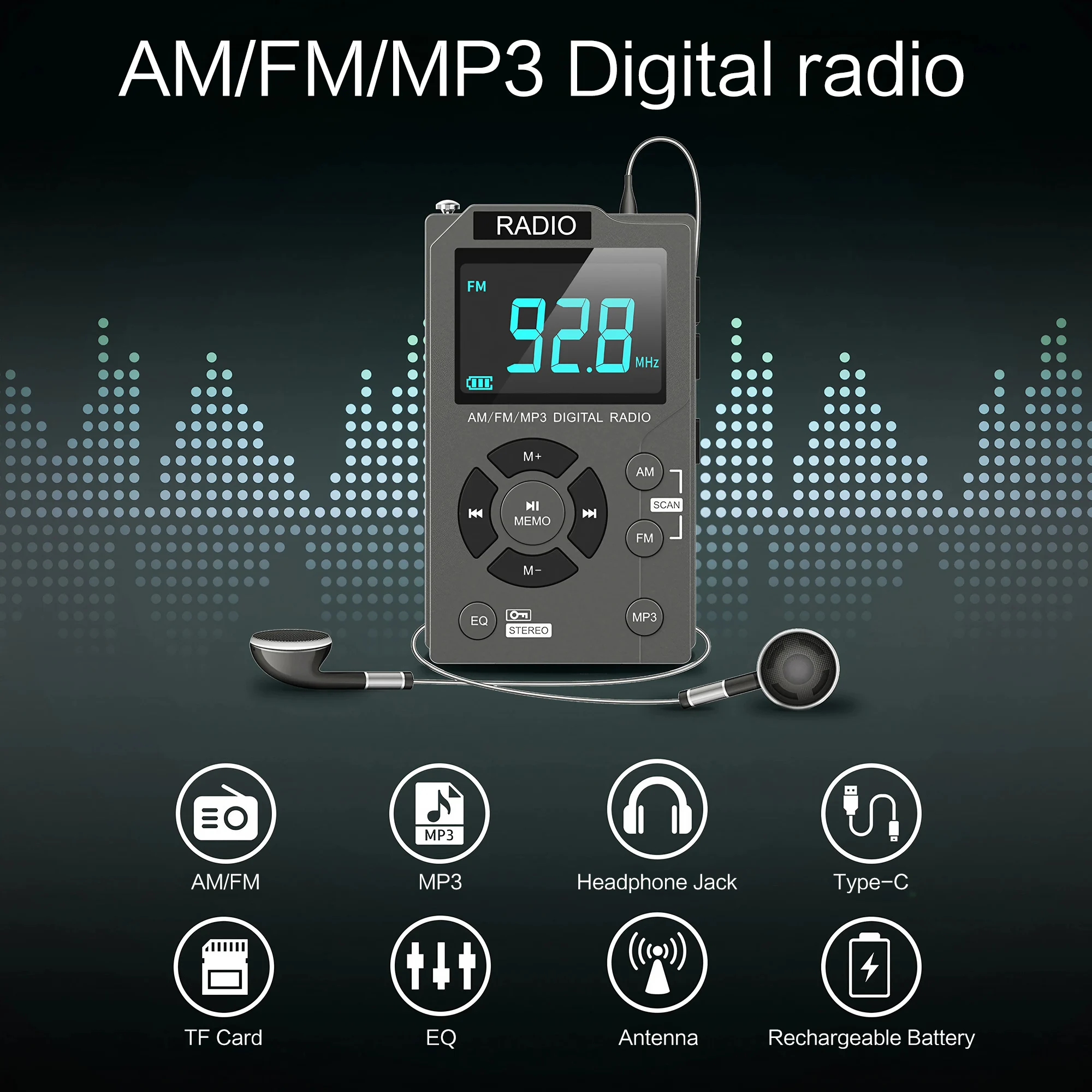 AM/FM, MP3 Support TF Card Expansion, EQ Adjustment, Telescopic Antenna, USB-C Fast Charging Real-time Display of Power Supply