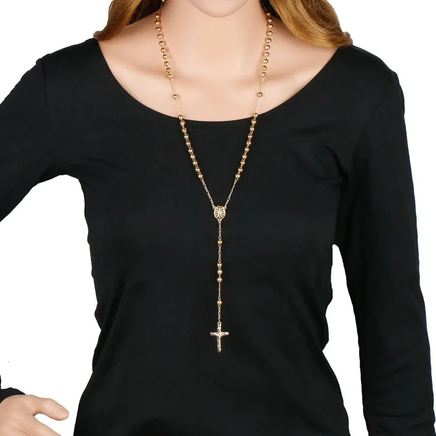 6MM Metal Beads Rosary Necklaces For Women Men Long Chain Crucifix Cross Pendant Necklace Religious Praye Jewelry 241014