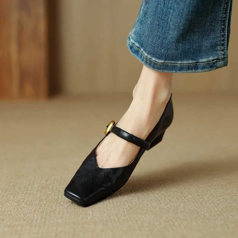 Womens Shoes French Square Toe Mary Jane Autumn New Button Buckle High Heels Comfort Anti Slip Shallow Mouth Single ShoeLX241014