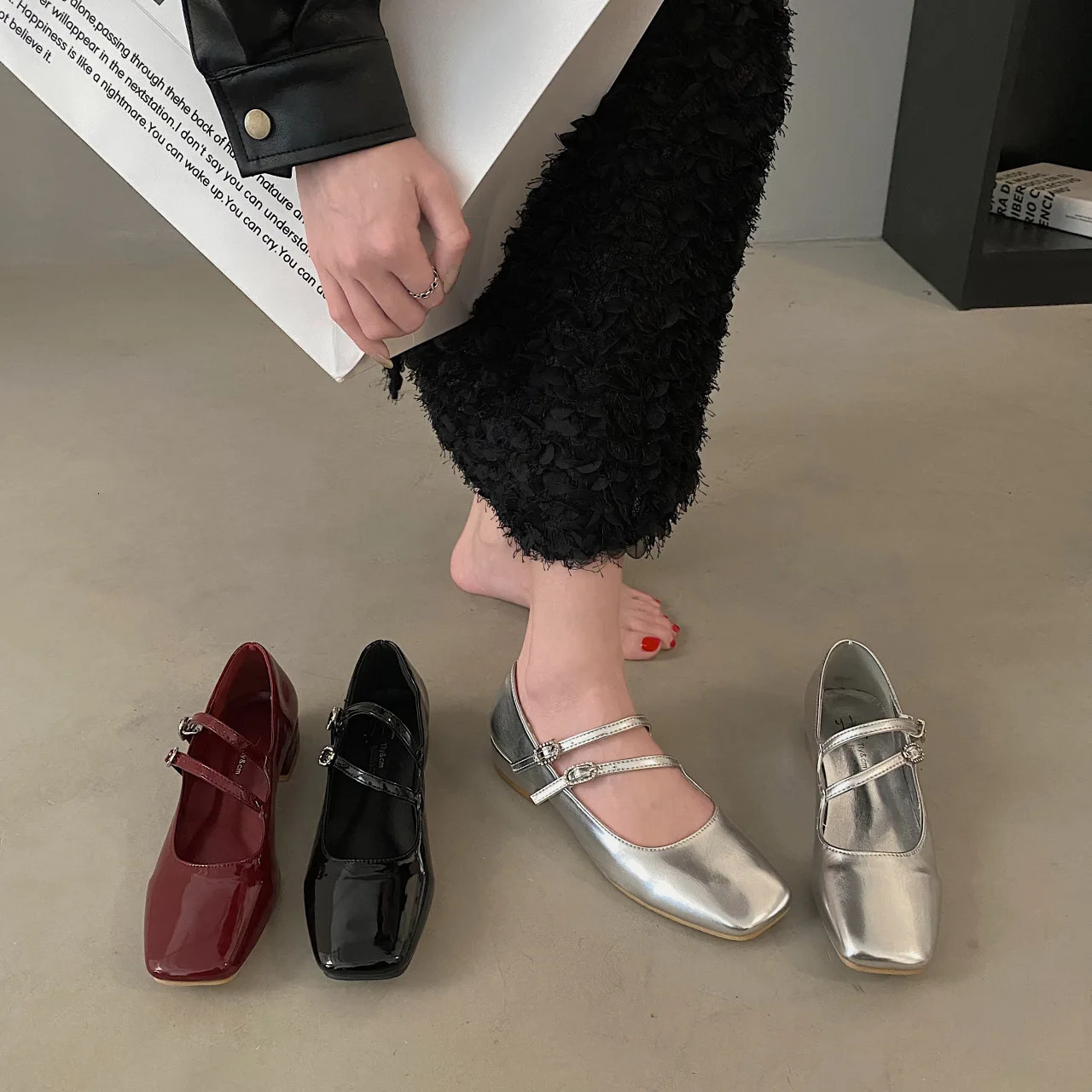 Double Buckle Ballet Spring Women Flat Fashion Red Elegant Mary New Jane Shoes Ladies Dress Outdoor Ballerinas 241014