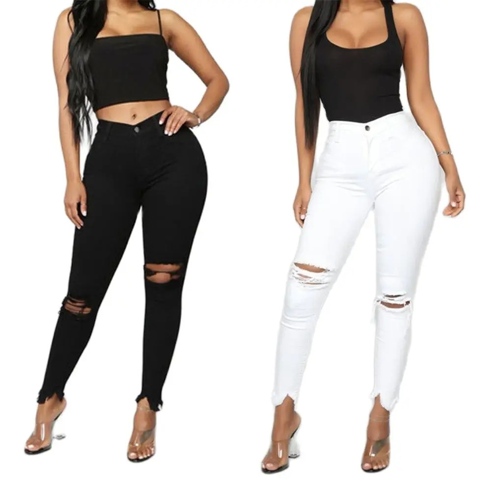 Black and White Ripped Jeans For women Slim denim Casual Skinny pencil pants Fashion Womens clothing S3XL Drop 241007