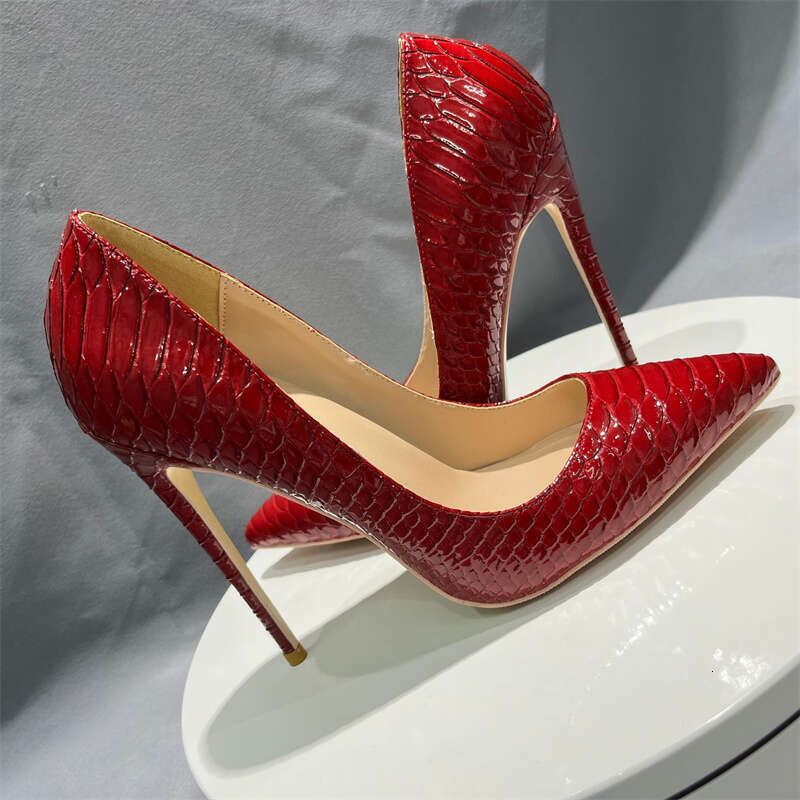 Red Snakeskin Emed Women Sexy Pointed Toe 12Cm Thin High Heels Ladies Slip On Stilettos Pumps Woman