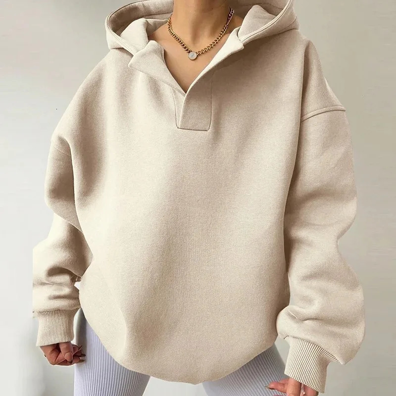 Winter Autumn Hooded Sweatshirts Elegant Women Long Sleeved Warm Thick Solid Pullovers Fashion High Street Loose Hoodies Female 241008