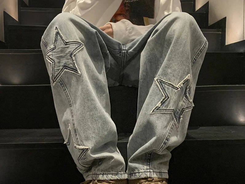 Fashion Five-pointed Star Jeans Men High-waisted Vintage Streetwear Men Pants Baggy Winter Wide-leg Jeans Denim Men Clothing 241011