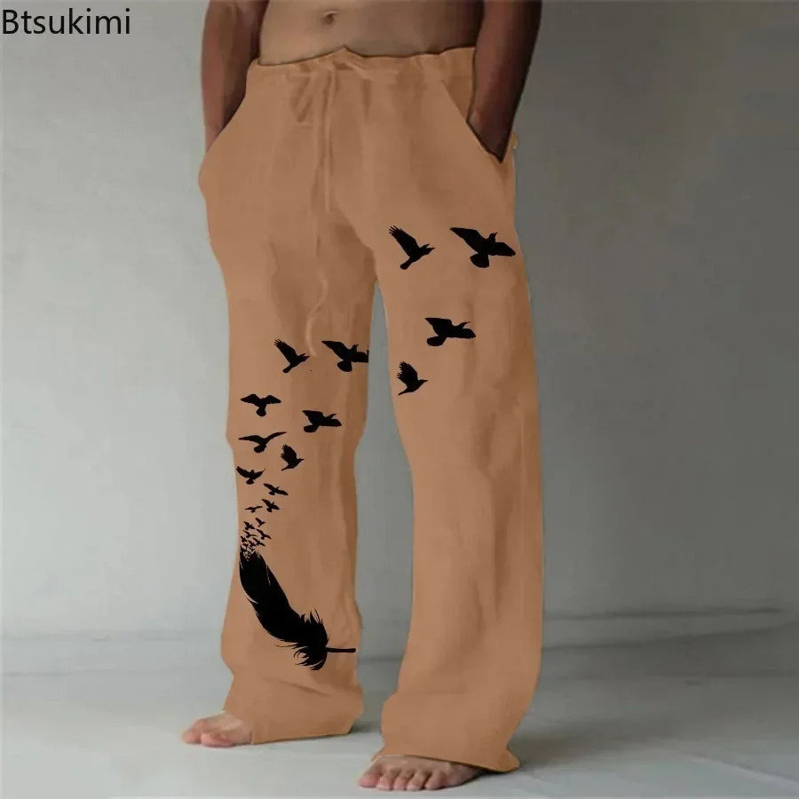 2024 Mens Casual Pants Pocket n Linen Drawstring Loose Trouser Plus Size Fashion Birds Feather Print Sweatpants 240930