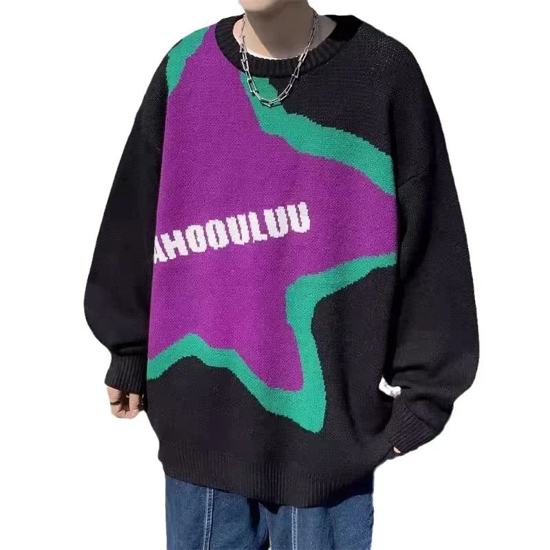 Y2K Star Patchwork Mens Sweater Harajuku Knitted Cable Jumper Sweater Mens Top Oversized Letter Casual Mens Wear 241011