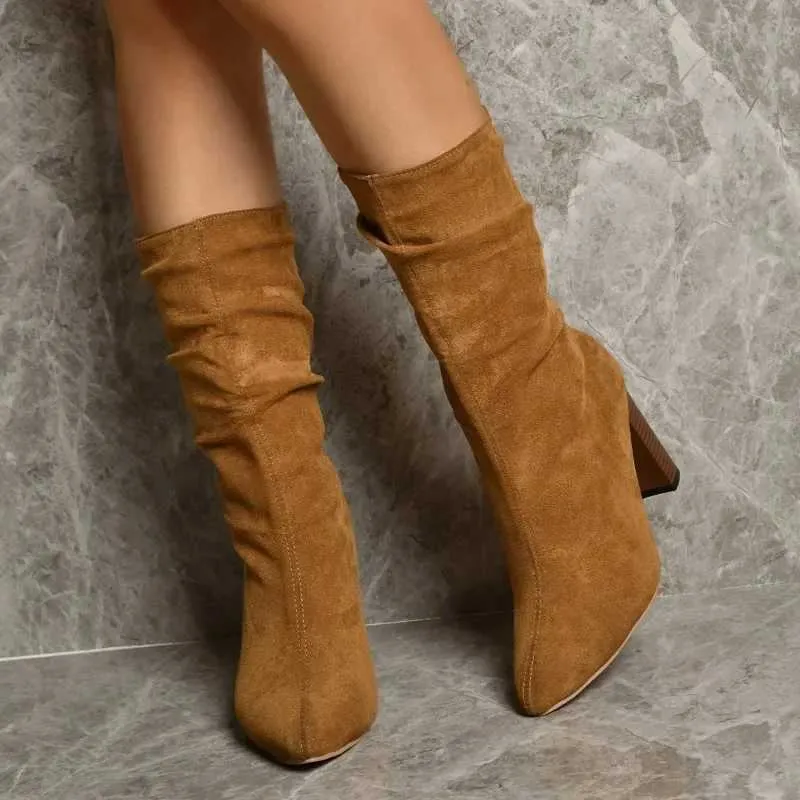 2023 New Winter Mid-Calf Fashionable Folding Thick Heel Pointed Toe Western Sexy Slip-On Womens Boots H240709