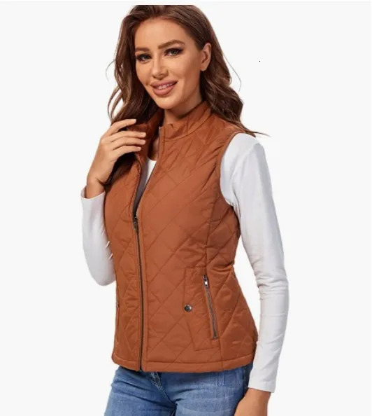 Women Sleeveless Zip Up Vest Mandarin Collar Puffer Jacket Fall Lightweight Black Pink Khaki Red Coffee Coats with Pockets 241008