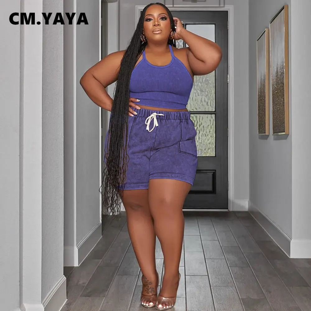 CM. YAYA Plus Size Womens Set Knitted Ribbed Tank Top and Pocket Side Shorts Set Summer INS Two Piece Set 240930