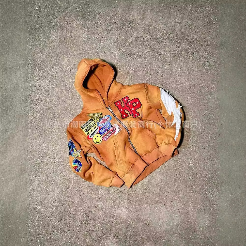 Casual Cute Accessories American Trendy Patchwork Embroidered sweatshirt cardigan jacket 241014