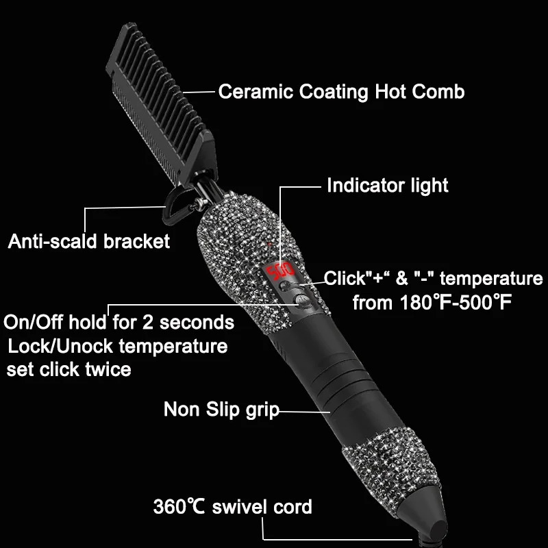 Comb Electric High Heating Comb Hair Straightening with Bling Diamonds LCD Digital Peigne Chauffant 250324