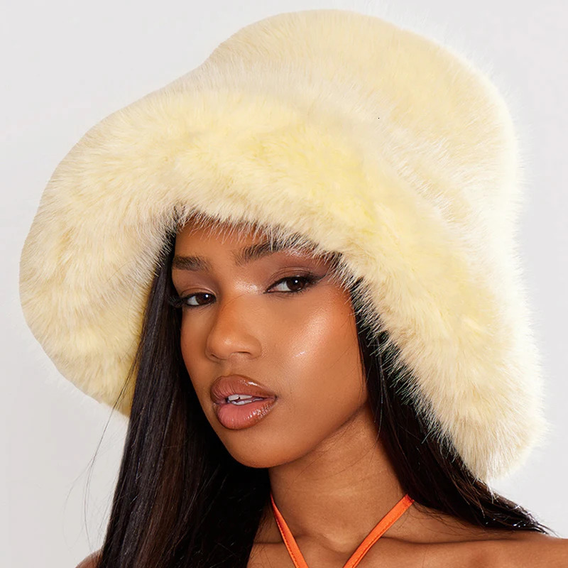 Big fluffy faux fur bucket hat suitable for women ious plush fisherman warm winter thick snow Panama y2k 241009