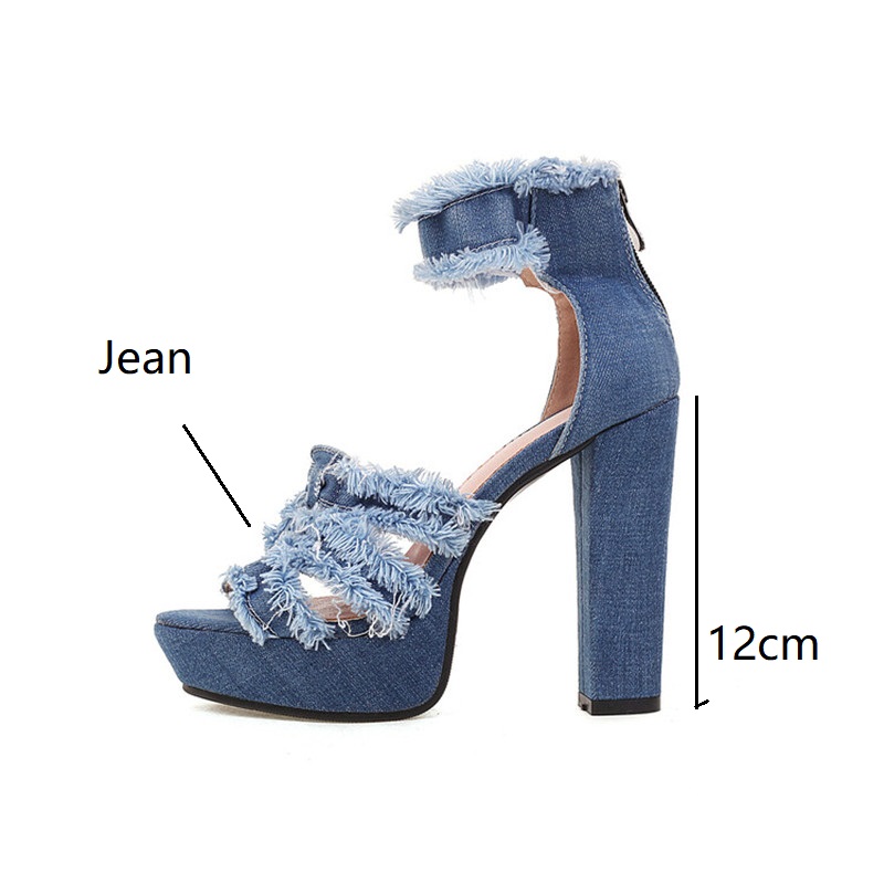 Sexy High-heeled Jean Sandals Women Platform Tassel Fringe Denim High Heels Zipper Sandals for Summer Ladies